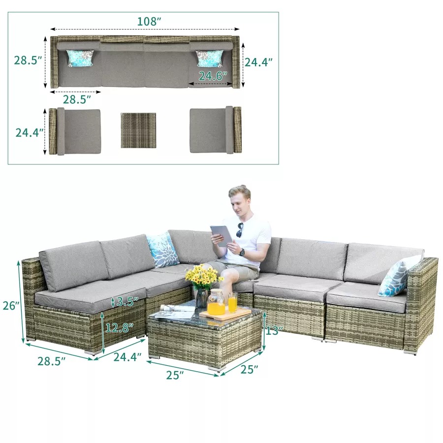 Patio Furniture Set, 7-Piece Outdoor Sectional with Waterproof Cover, All-Weather Wicker Patio Conversation Sets for Backyard (Grey with Grey Cushion)