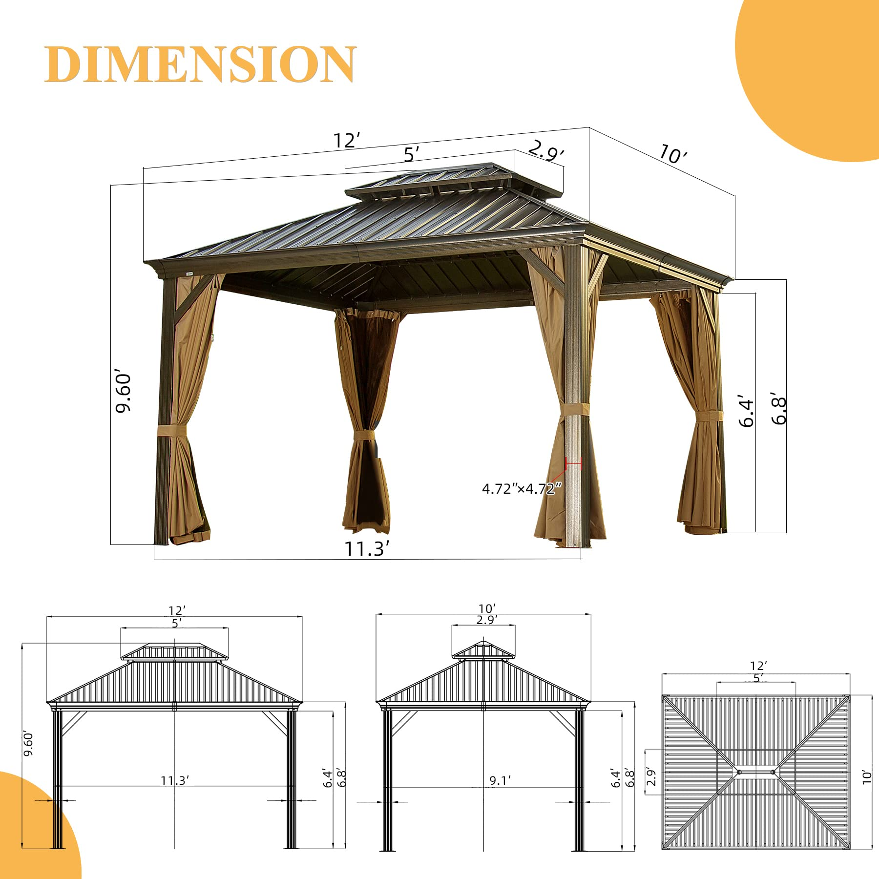 【Gazebo】10x12 Hardtop Gazebo Outdoor Aluminum Gazebos Grill with Galvanized Steel Double Canopy