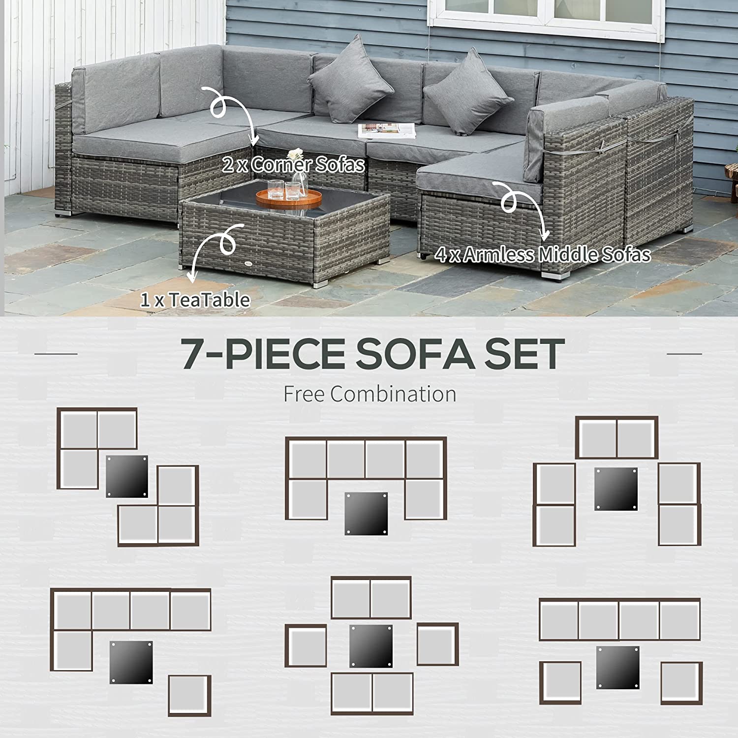 【Furniture】【BS】7 Pcs Outdoor Rattan Furniture Set, Patio Wicker Sectional Conversation Sofa Set, Grey