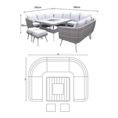 Weave Garden Furniture Danielle Grey Rattan U Shaped Corner Sofa Dining Set with FireDrinks Pit.
