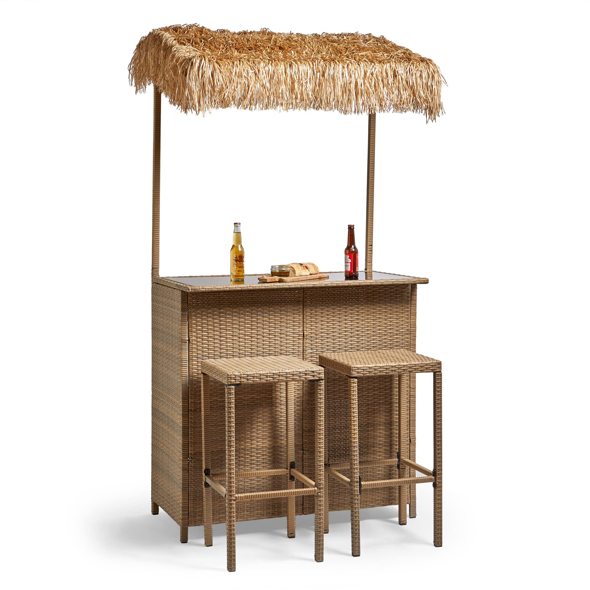 【Home&Garden】Bar Set - Garden Bar Table, 2 Stools & Canopy Roof - Hand-Woven Rattan Cocktail Outdoor Bar