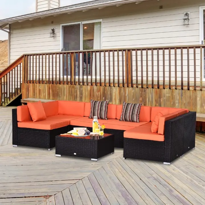 【Furniture】Outsunny 7 Piece Terrace Rattan Sofa Set All Weather Conversation Garden Wicker Combination Set with Coffee Table and Cushions