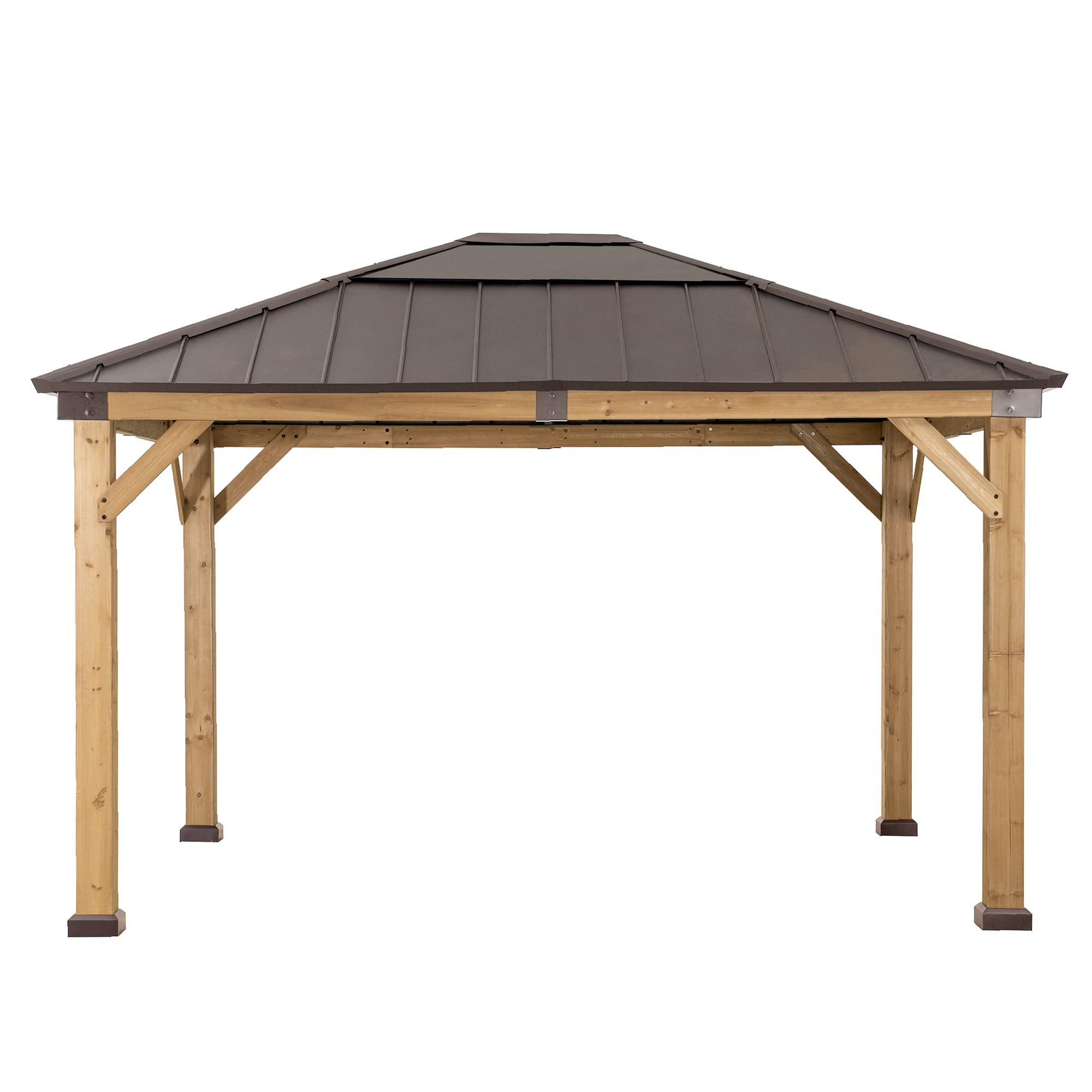 【Gazebo】Outdoor Patio 11x13 Cedar Framed Wood Gazebo with Brown Steel & Polycarbonate Hip Roof Hardtop