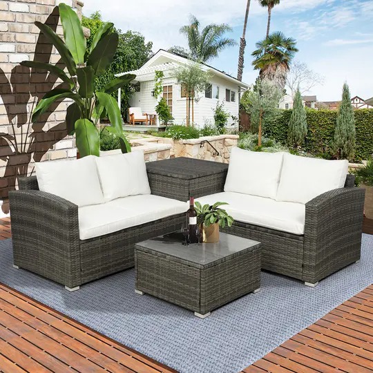【Furniture】4 PCS Outdoor Cushioned PE Rattan Wicker Sectional Sofa Set