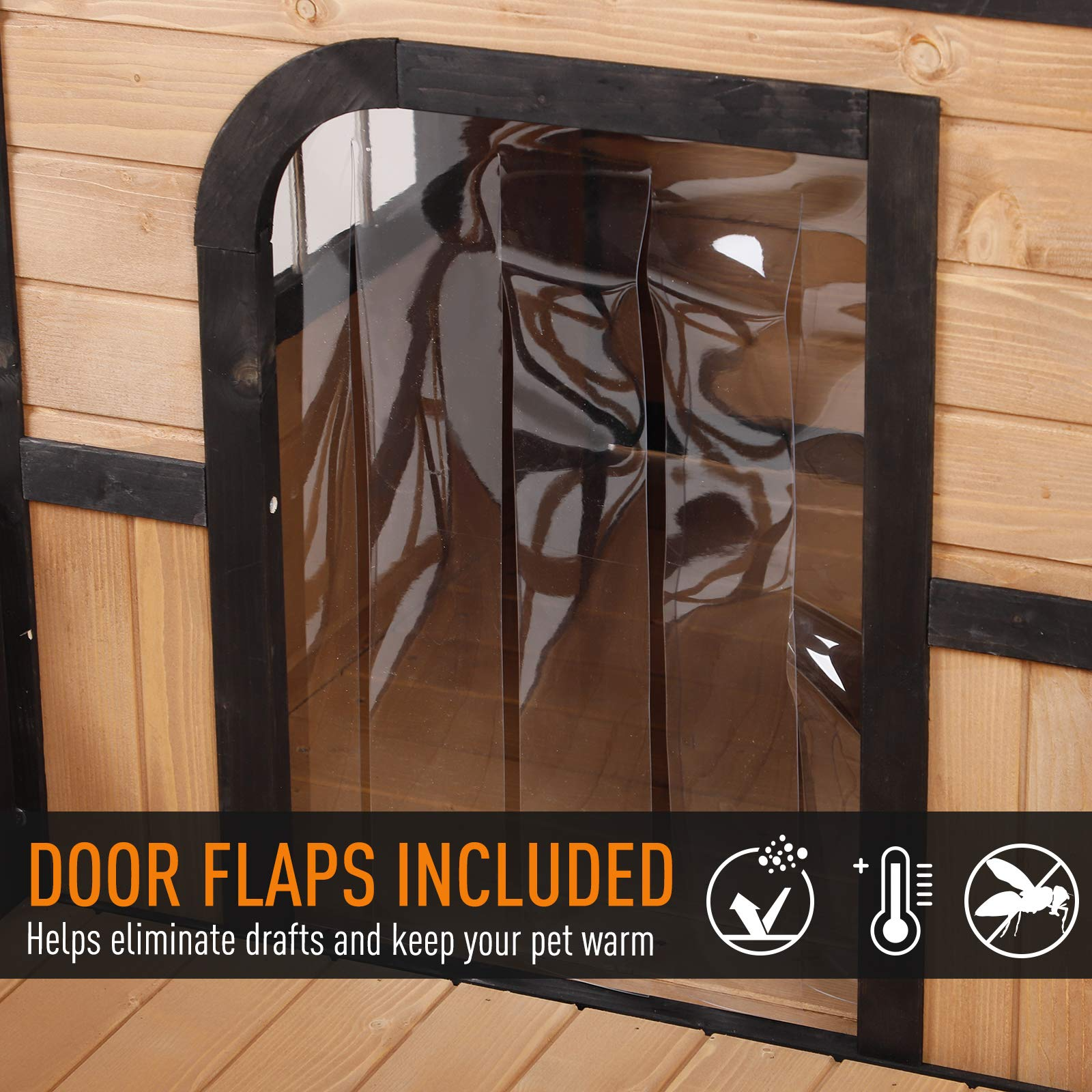 【Pet】59x64x39 Wood Large Dog House Cabin Style Elevated Pet Shelter wPorch Deck Natural