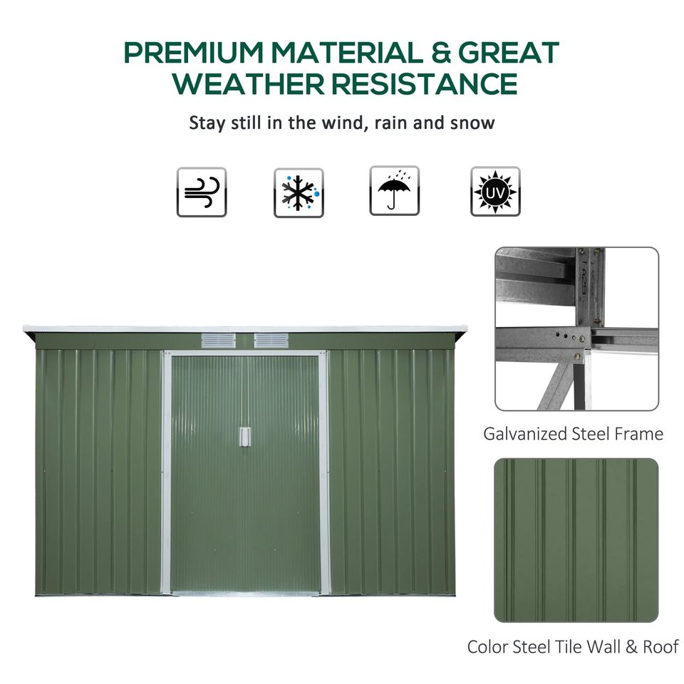 【Storage Shed】9' x 4' Corrugated metal storage shed outside equipment kit, light green