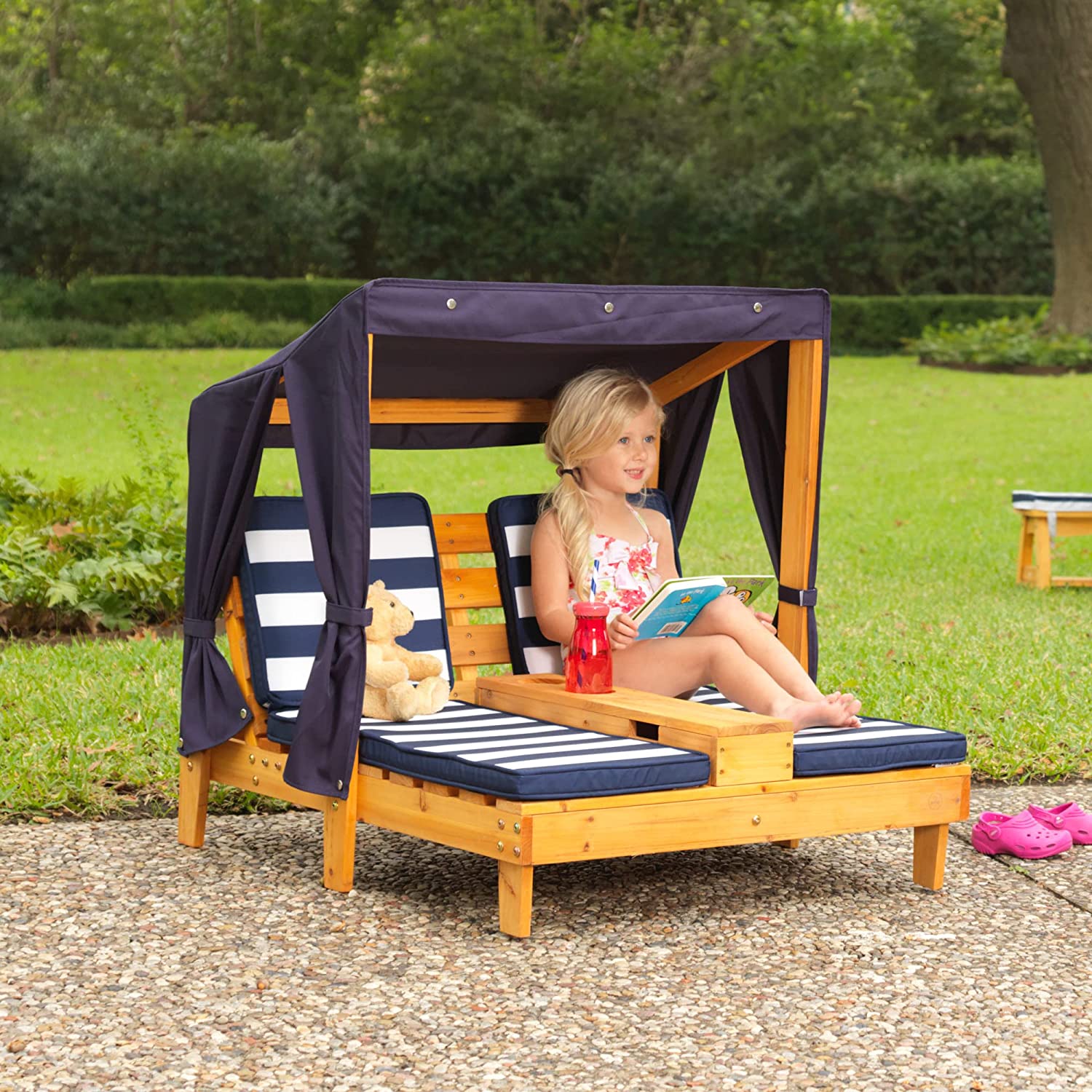 【Furniture】KidKraft 534 Double chaise longue avec porte-gobelets - Expresso et écru - en bois , Meuble de jardin pour enfant, 3-6 Ans