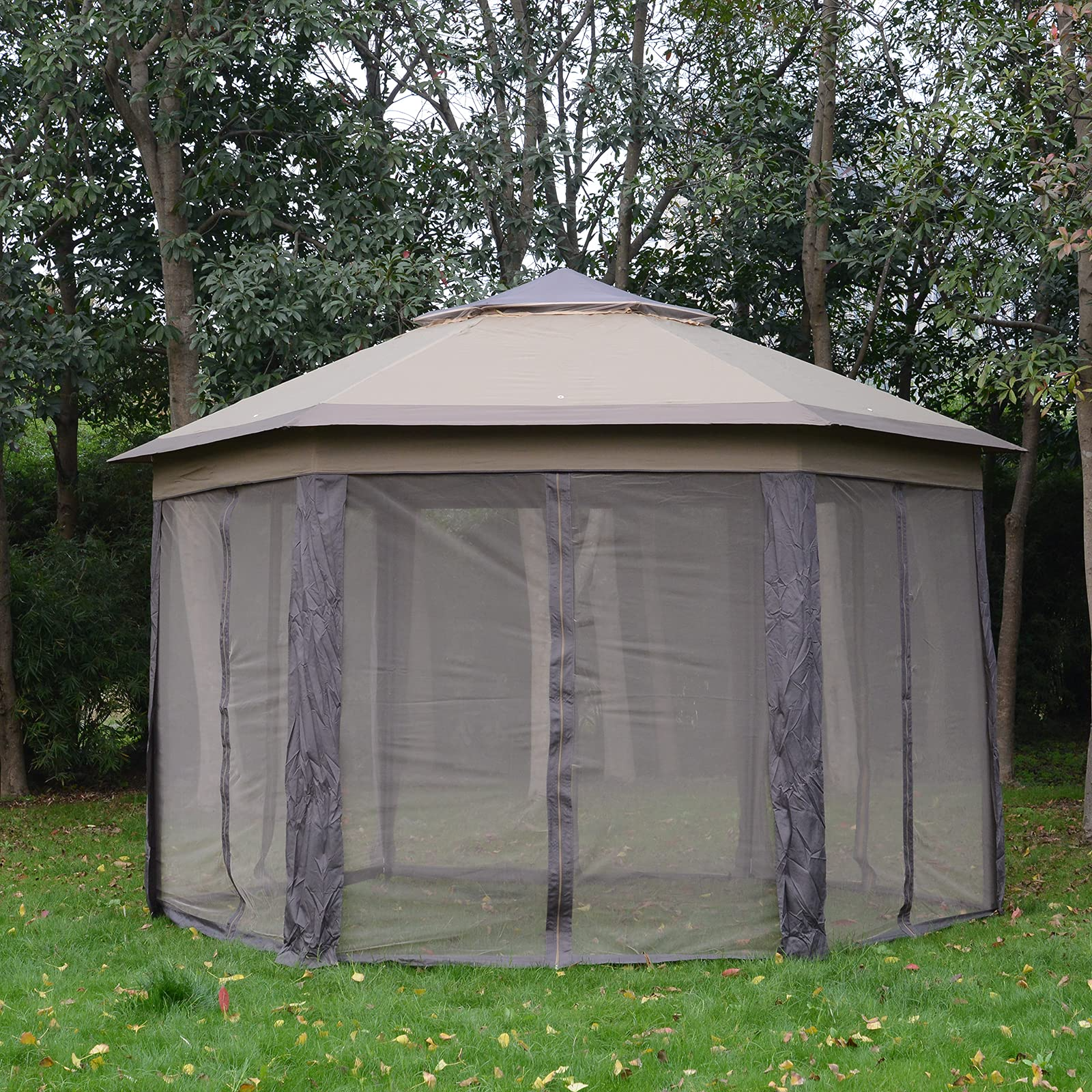 【Gazebo】13' x 13' Pop-Up Double Roof Six-Sided Pavilion with Sheltering Mesh