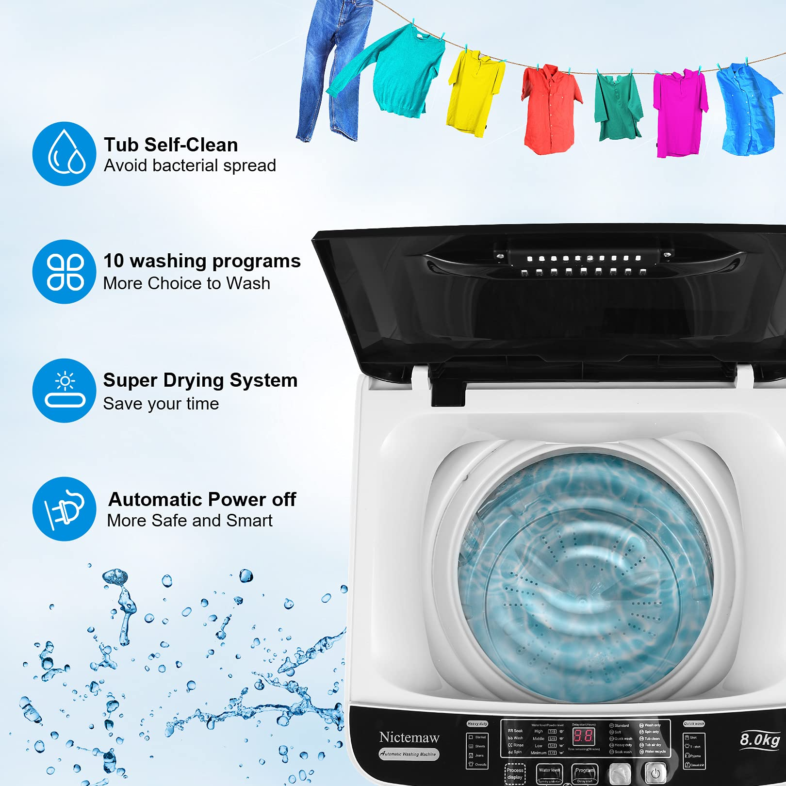 【Appliances】Portable Washer Nictemaw 17.8Lbs Capacity Full-Automatic Washer Machine 1.9 Cu.ft