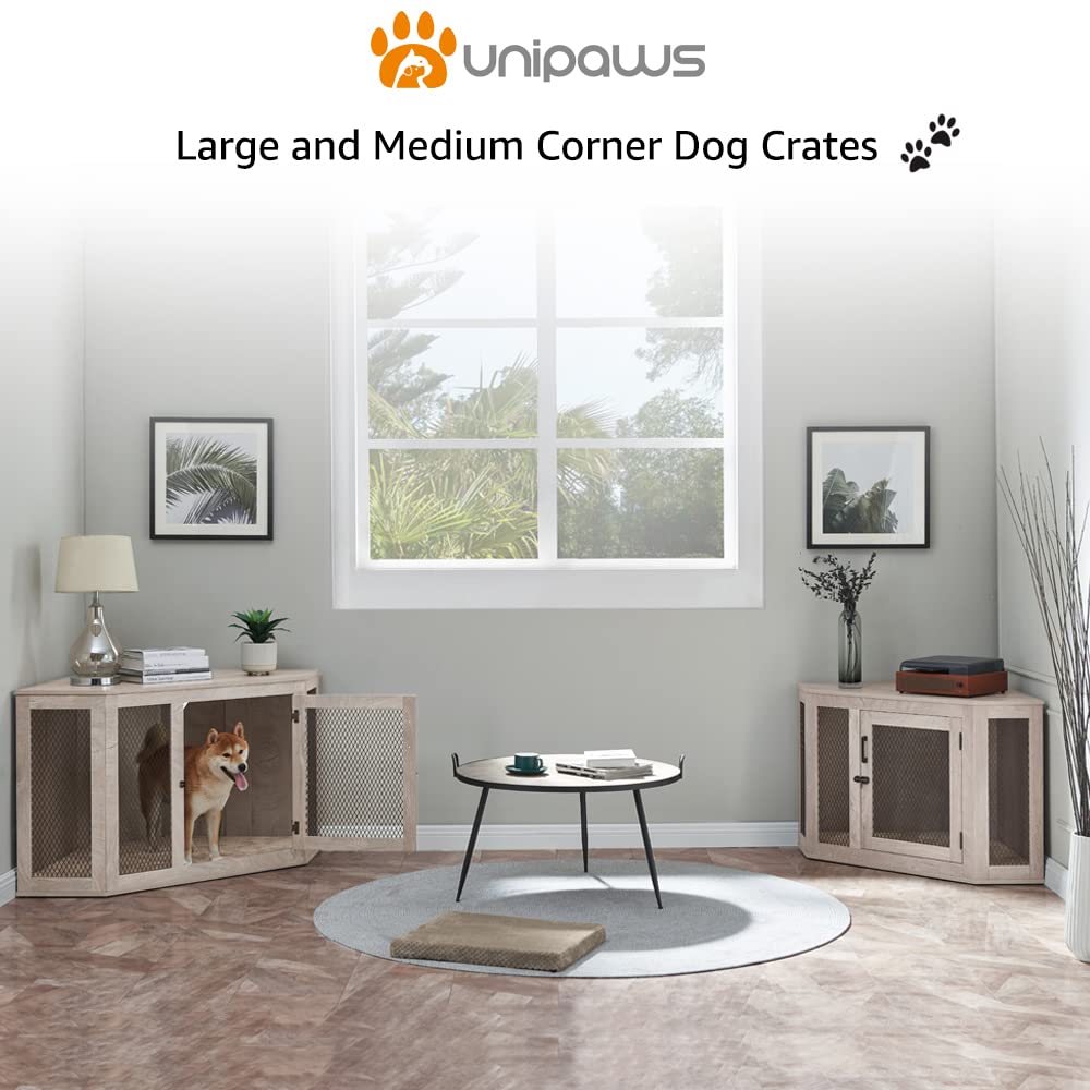 【Pet】Furniture Corner Dog Crate with Cushion, Dog Kennel with Wood and Mesh, Dog House