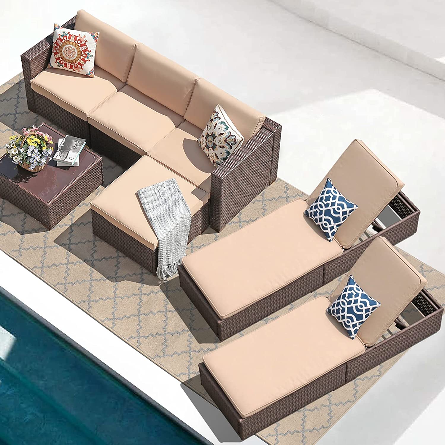 【Furniture】7 Pcs Outdoor Patio Furniture Set, All Weather Grey PE Wicker Rattan Sectional Conversation Set