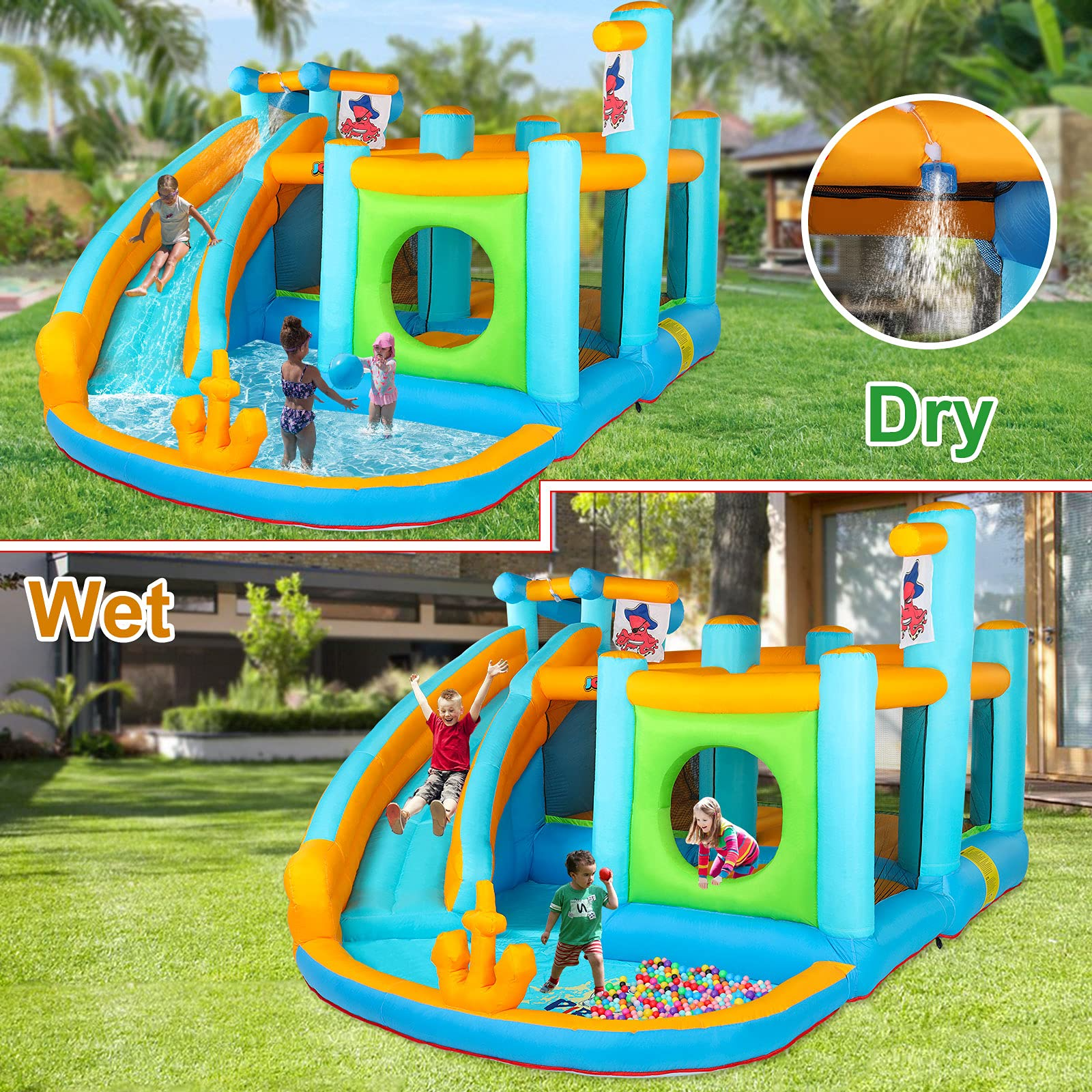 Inflatable Water Slide Park, Pirate Themed Bounce House, Obstacle Course, Water Cannon
