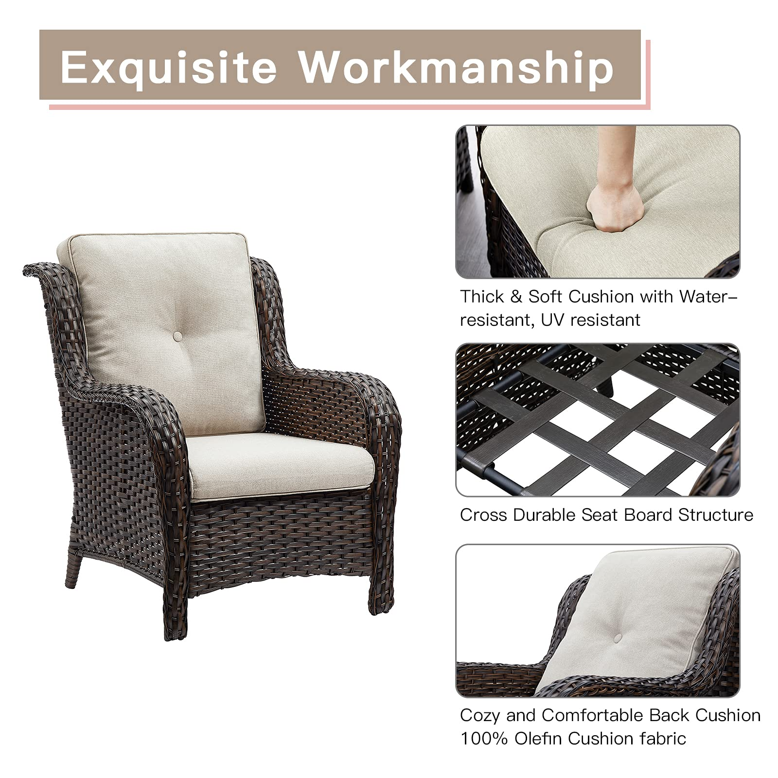 【Furniture】Outdoor Furniture Set, 5-Pc Patio Wicker Sofa Set with 3-Seat Couch, 2 Armchairs, 2 Ottoman Footrests