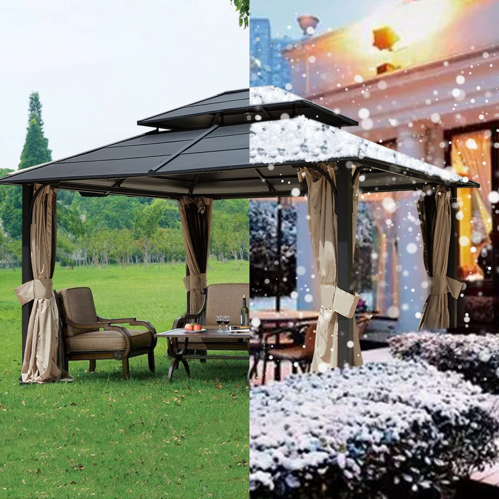 【Gazebo】12x14 Hardtop Gazebo, Iron Double Roof Gazebo with Curtains & Netting, Waterproof Canopy Gazebo