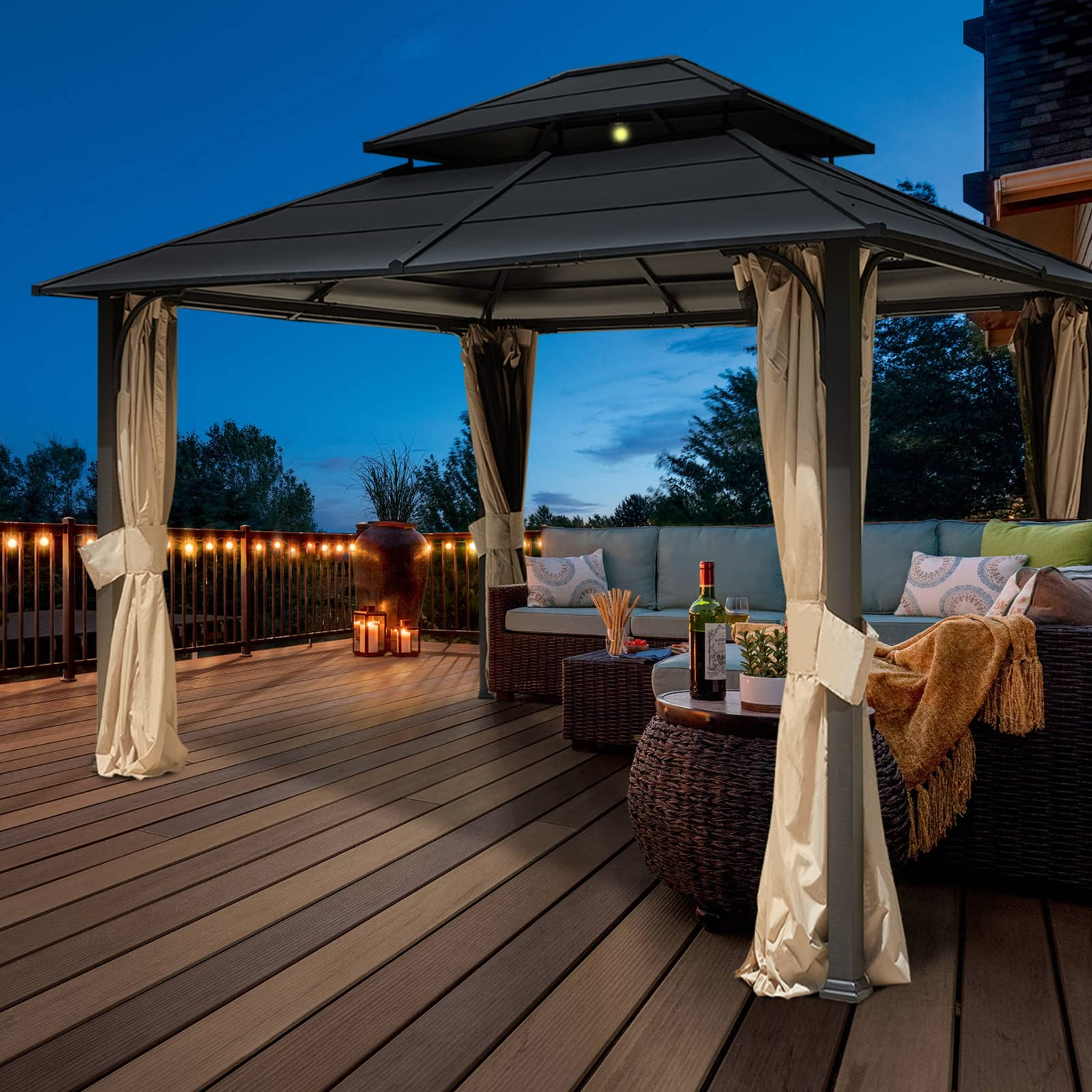 【Gazebo】12x14 Hardtop Gazebo, Iron Double Roof Gazebo with Curtains & Netting, Waterproof Canopy Gazebo