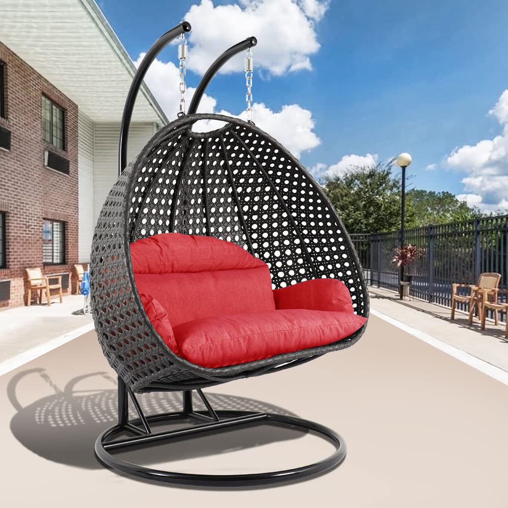 【Furniture】2 Person Hanging Double Swing Chair, X-Large Wicker Rattan Egg Chair with Stand and Cushion