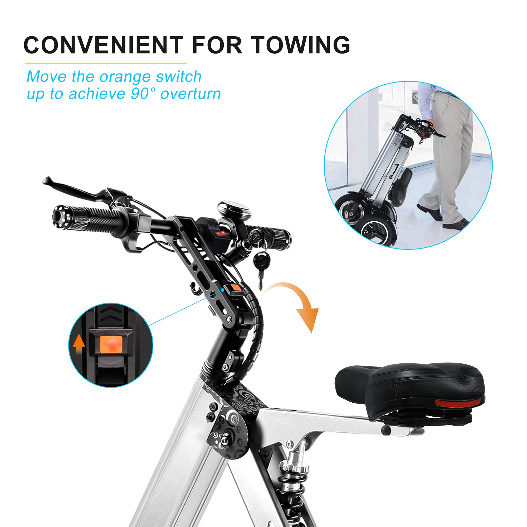 TopMate ES32 Electric Scooter 3 Wheels Foldable Trike with Seat for Adults, Light Weight with Reverse Function and Key Switch, 10 Inch Pneumatic Tires Tricycle for Commute and Travel《NO8》