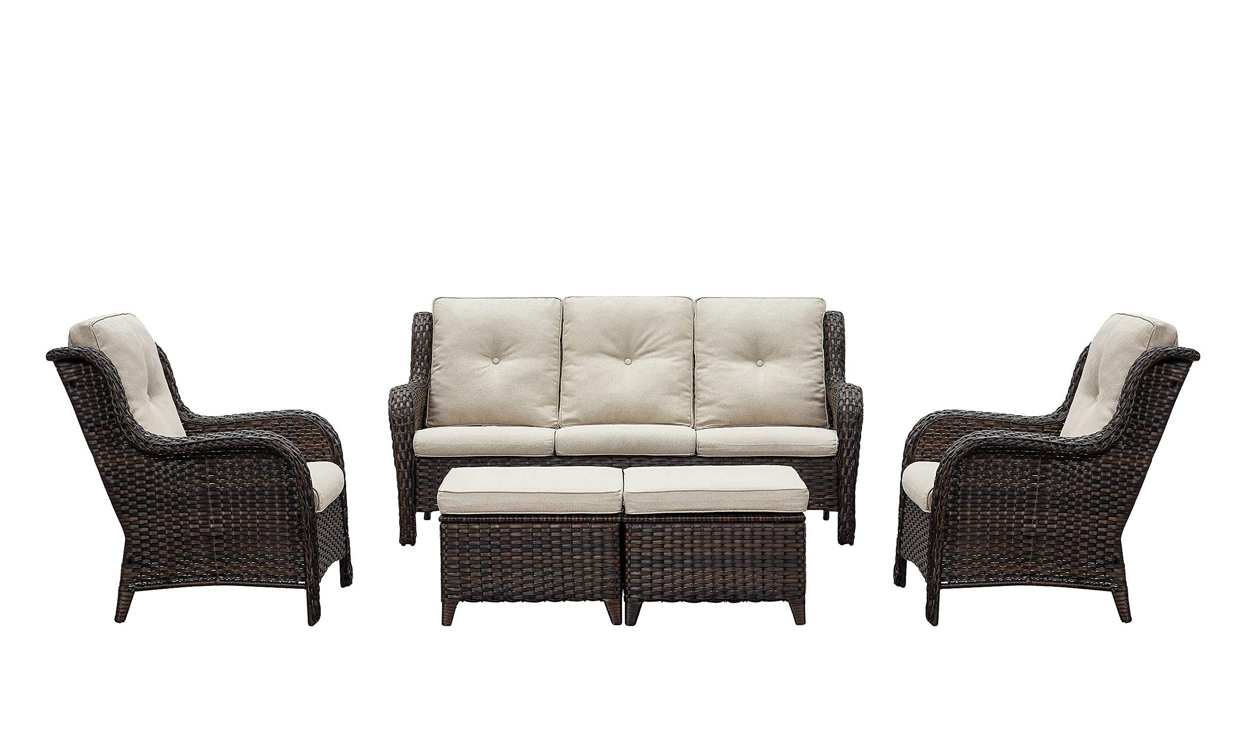 【Furniture】Outdoor Furniture Set, 5-Pc Patio Wicker Sofa Set with 3-Seat Couch, 2 Armchairs, 2 Ottoman Footrests