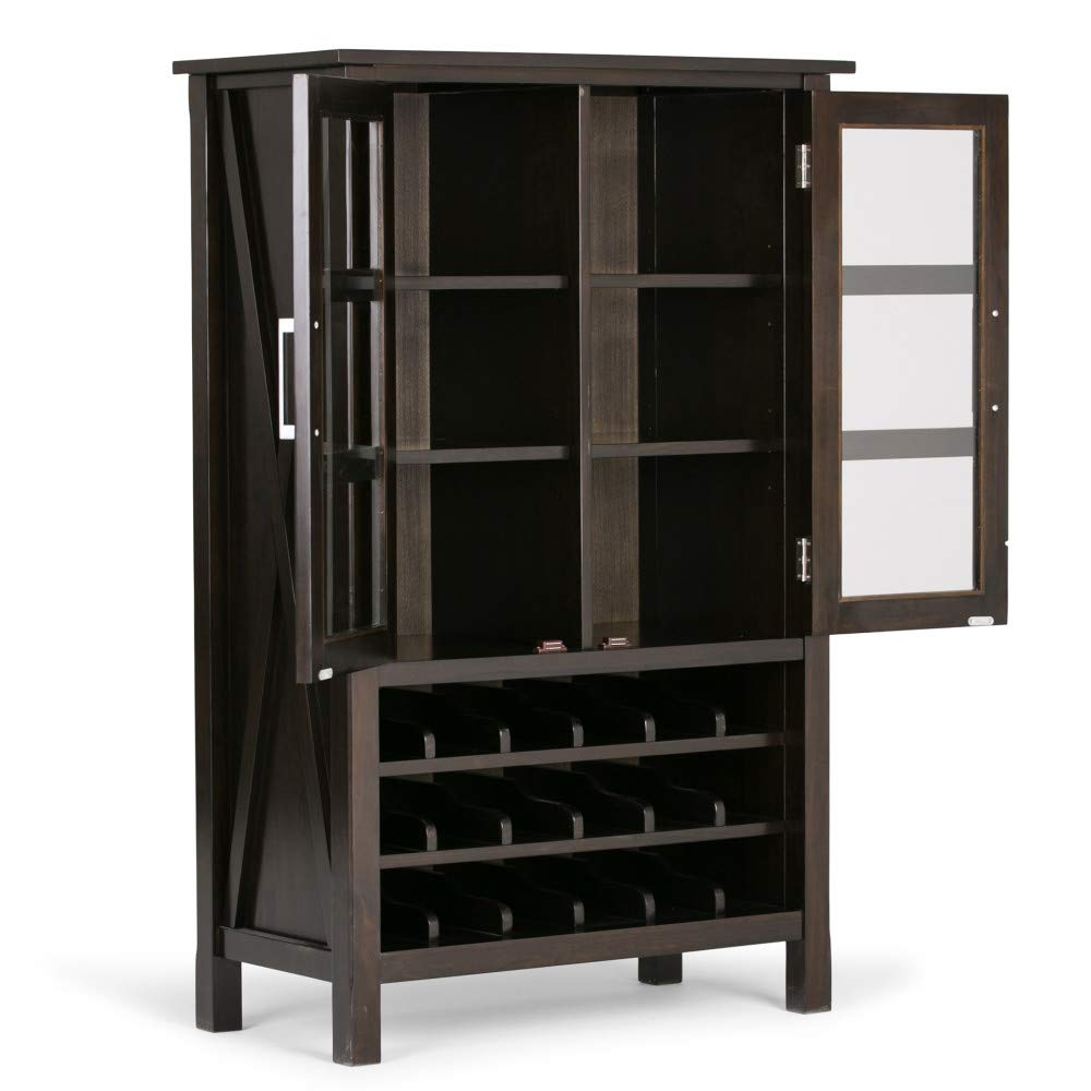 【Furniture】Kitchener 18-Bottle SOLID WOOD 32 inch Wide Contemporary High Storage Wine Rack Cabinet