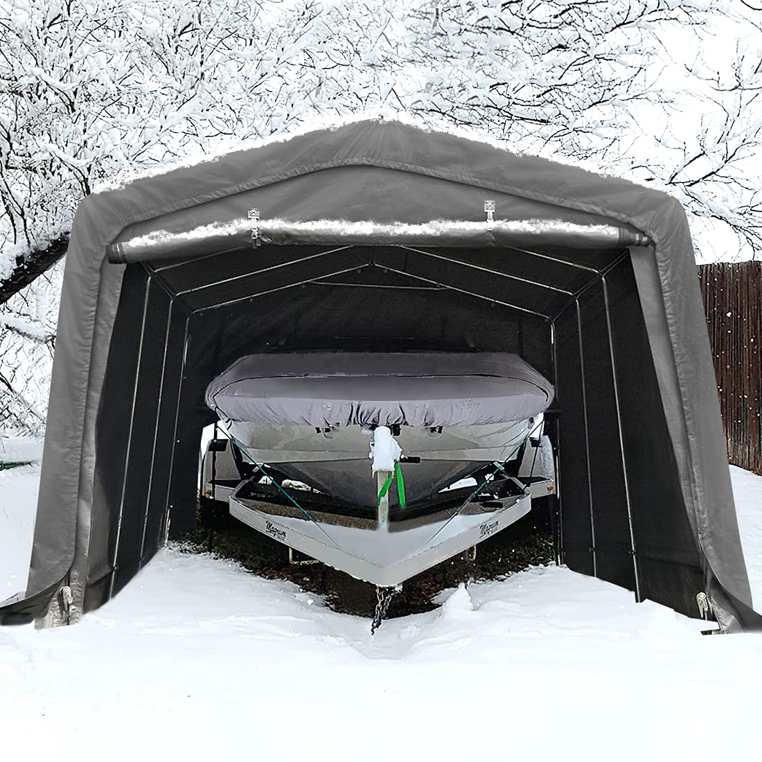 【Home&Garden】10' x 15' Heavy Duty Anti-Snow Garage, Peak Style Roof Carport Instant Garage