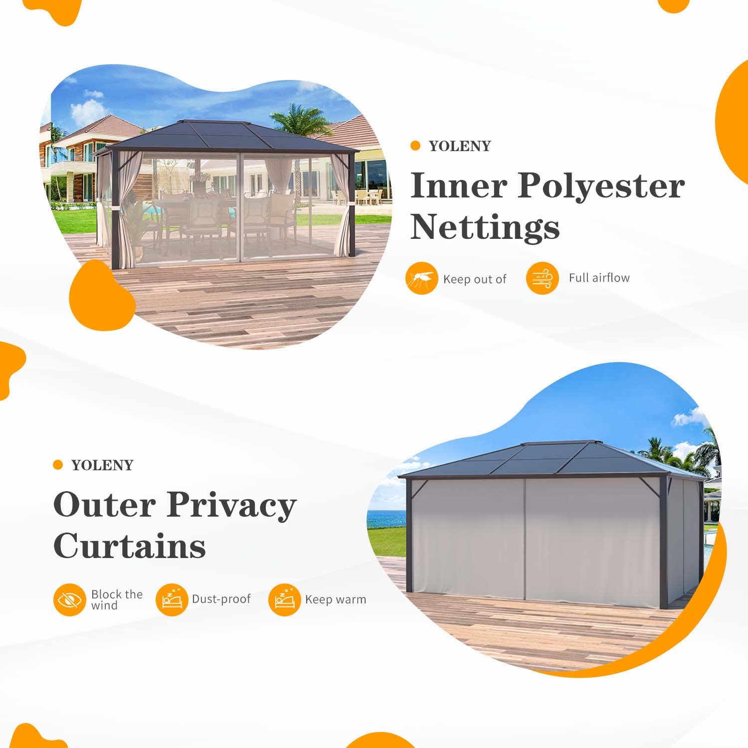 【Gazebo】10'x12' Outdoor Hardtop Polycarbonate Gazebo Canopy Curtains Aluminum Frame for Garden, Patio