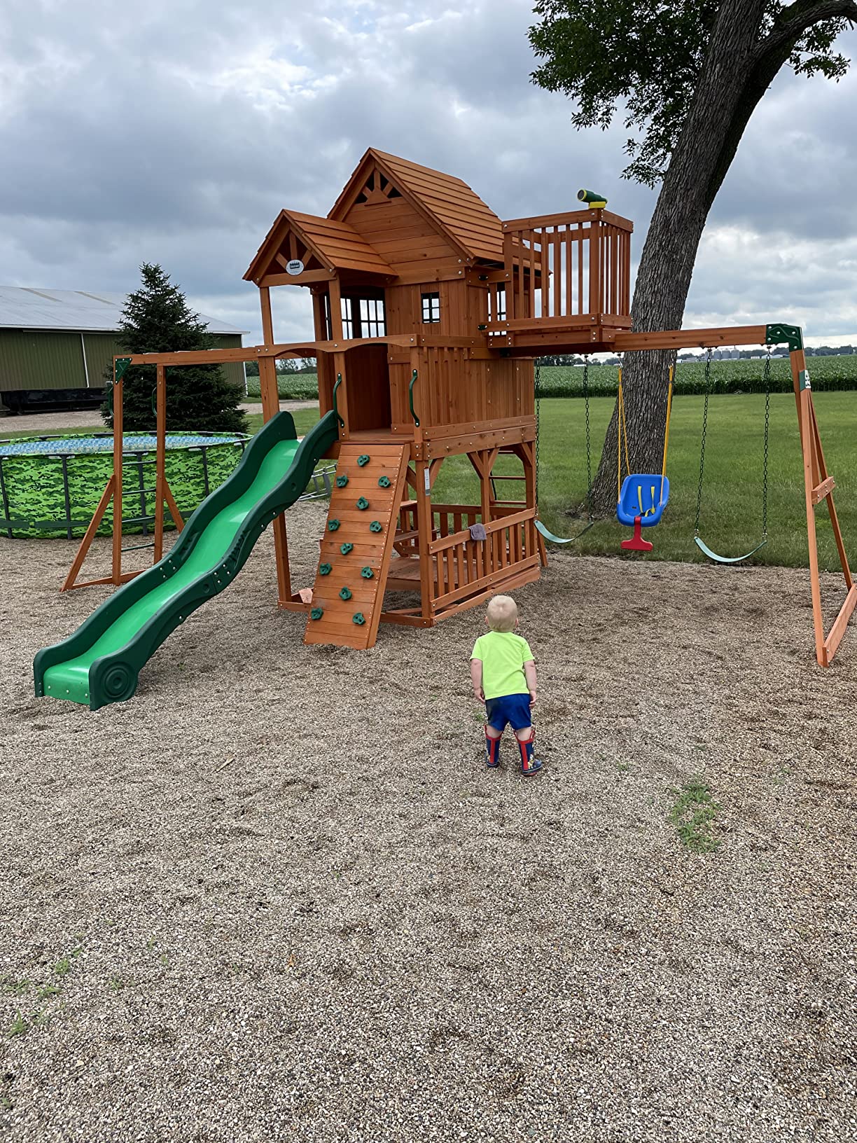 【Baby&Kids】Skyfort II Playground Cedar Wood Swing Set with Playhouse Fort, Sandbox, Picnic Table, Slide