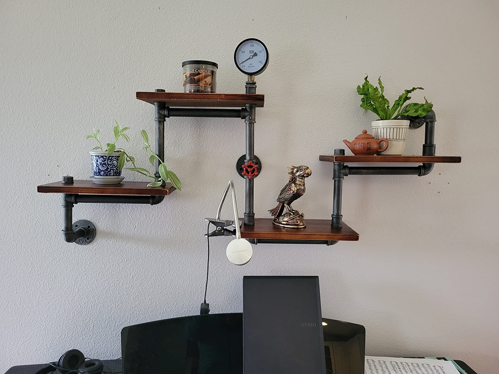 【Furniture】Industrial Rustic Modern Wood Ladder Pipe Wall Shelf 4 Layer Pipe Design Bookshelf DIY Shelving