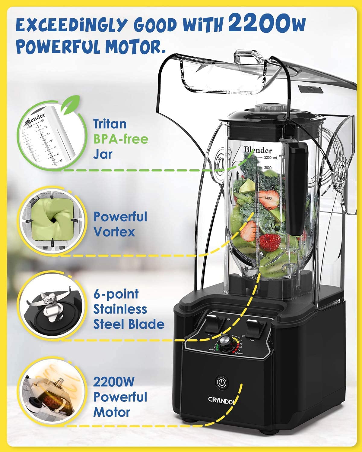 【Appliances】Quiet Blender, 2200 Watt Commercial Blenders for Kitchen with Soundproof Shield Cover