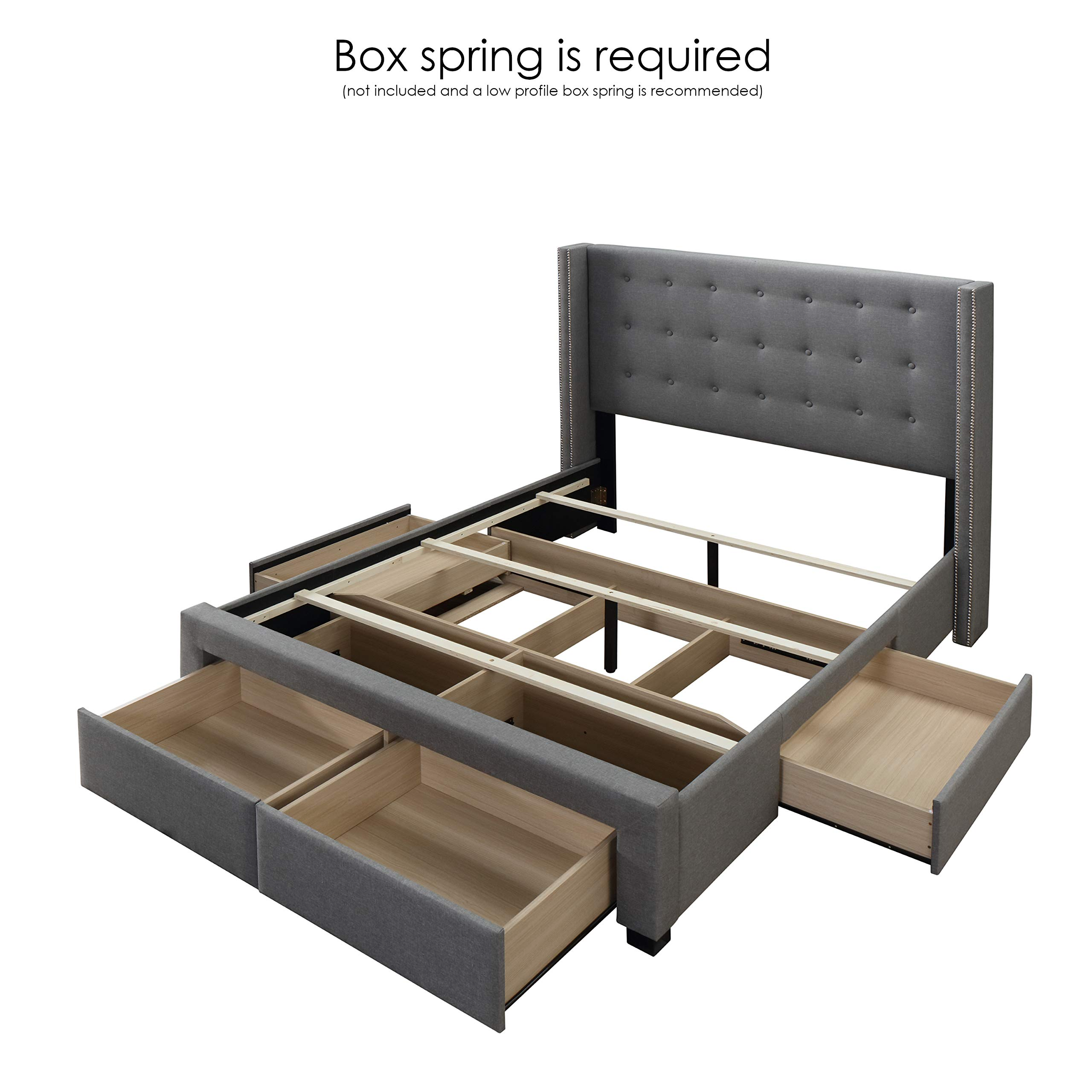 【Furniture】Savoy Tufted Upholstered Wingback Panel Storage Bed Frame, King Size in Grey Fabric