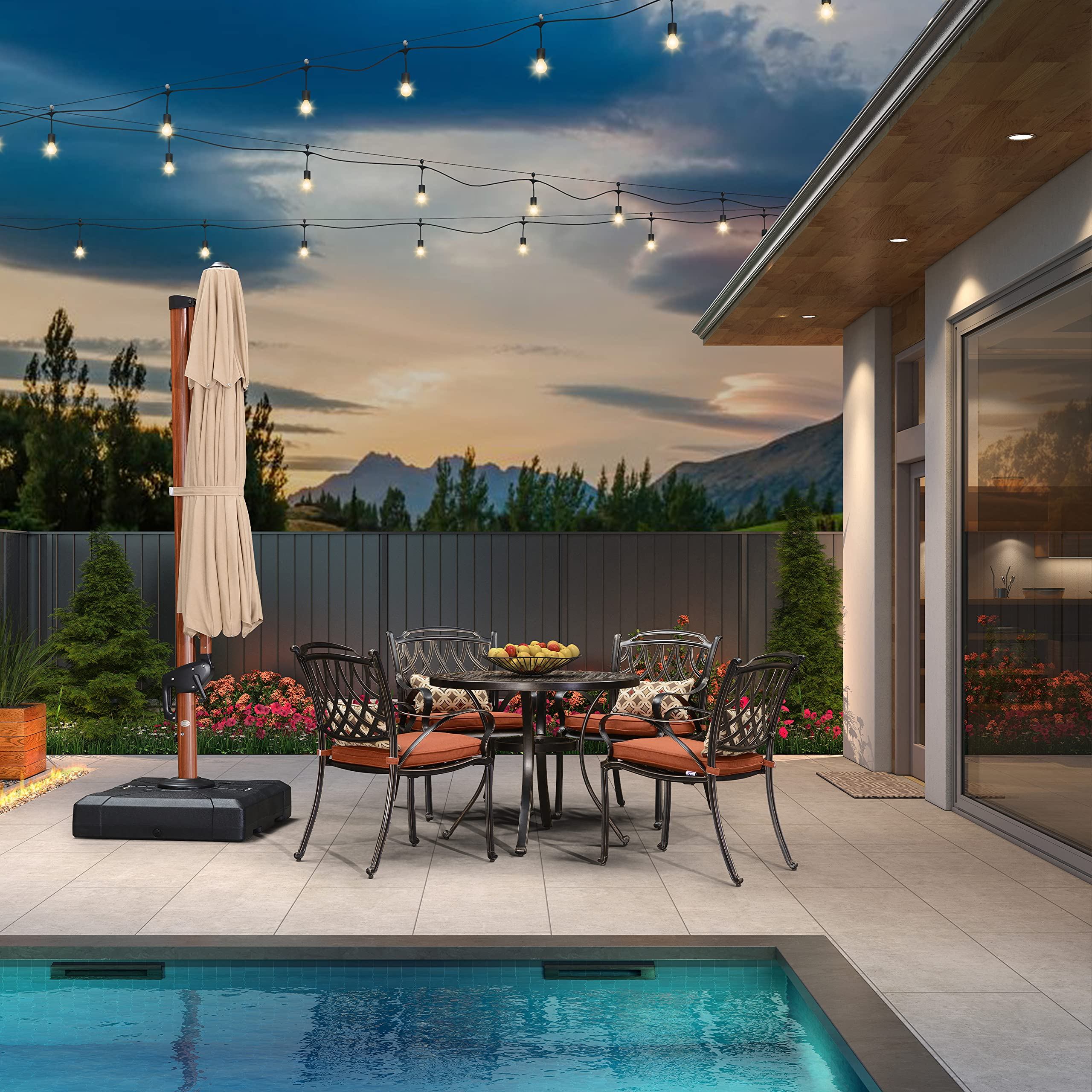 【Home&Garden】11 Ft Double Top Deluxe Sunbrella Wood Pattern Round Patio Umbrella Offset Hanging Umbrella