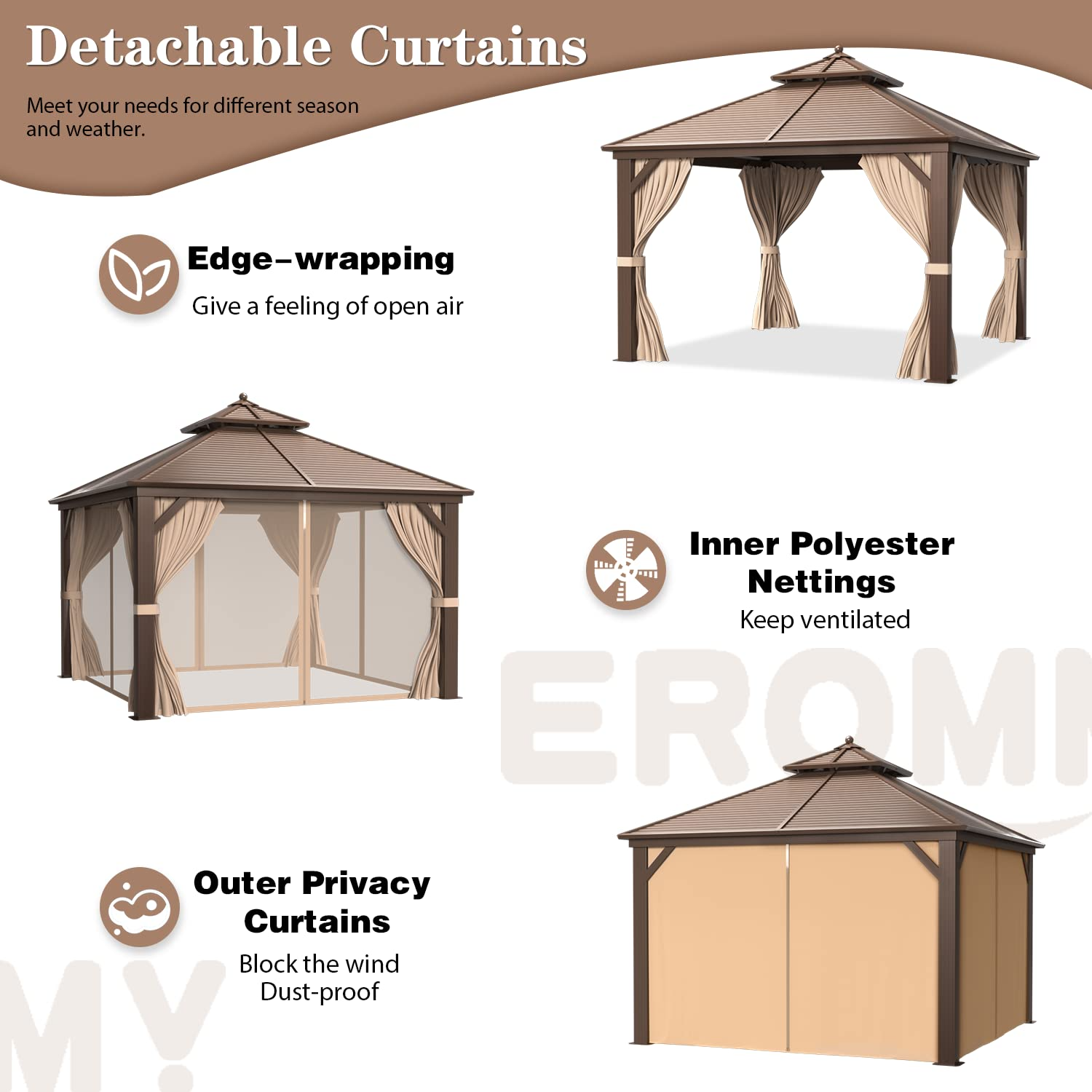 【Gazebo】Hardtop Gazebo Galvanized Steel Outdoor Gazebo Canopy Double Roof Pergolas Aluminum Frame