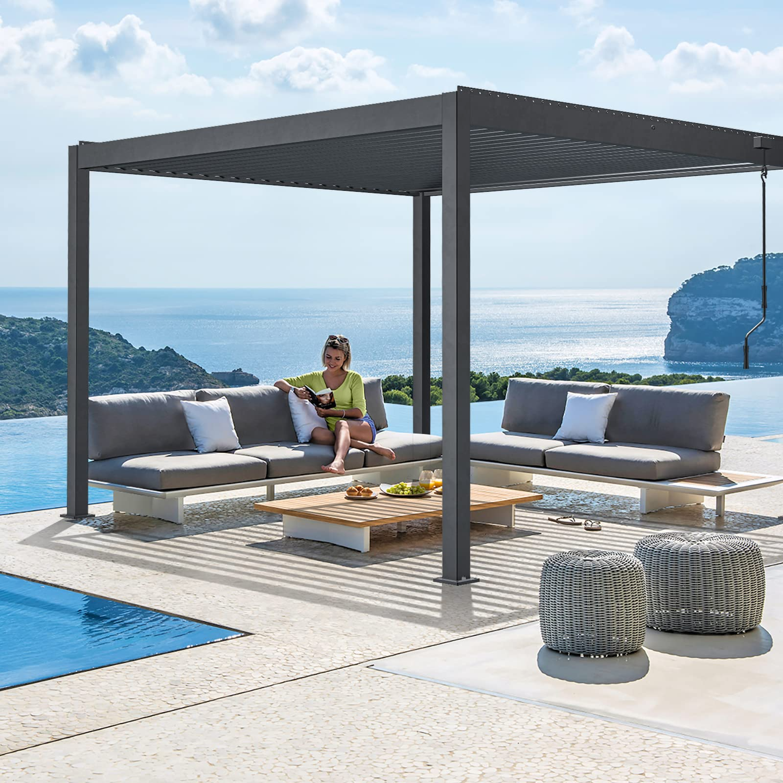 【Home&Garden】10'x10' NO Corrosion Louvered Pergola, High Strength Gazebo for Yard