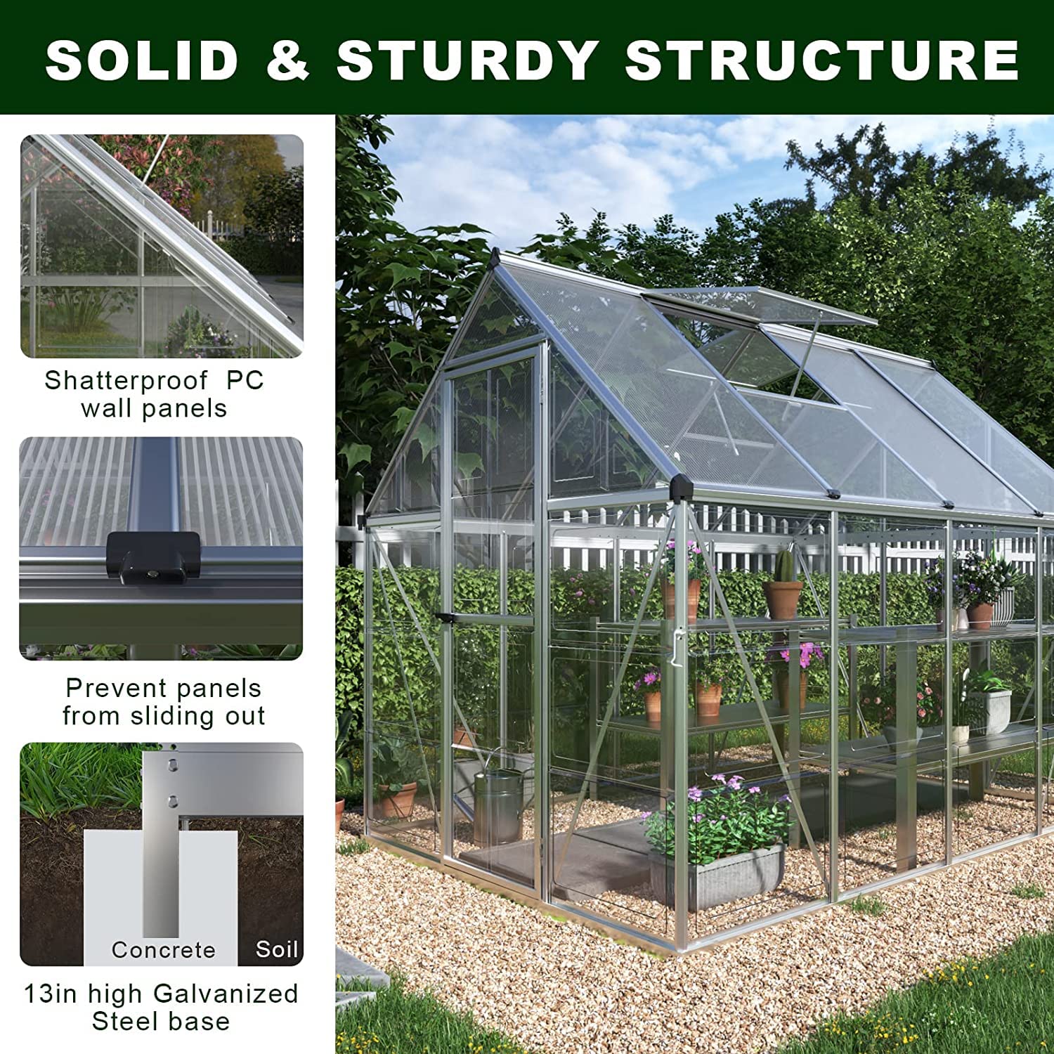 【Home&Garden】6x8 FT Hybrid Polycarbonate Greenhouse 2 Vent Window with Lockable Hinged Door
