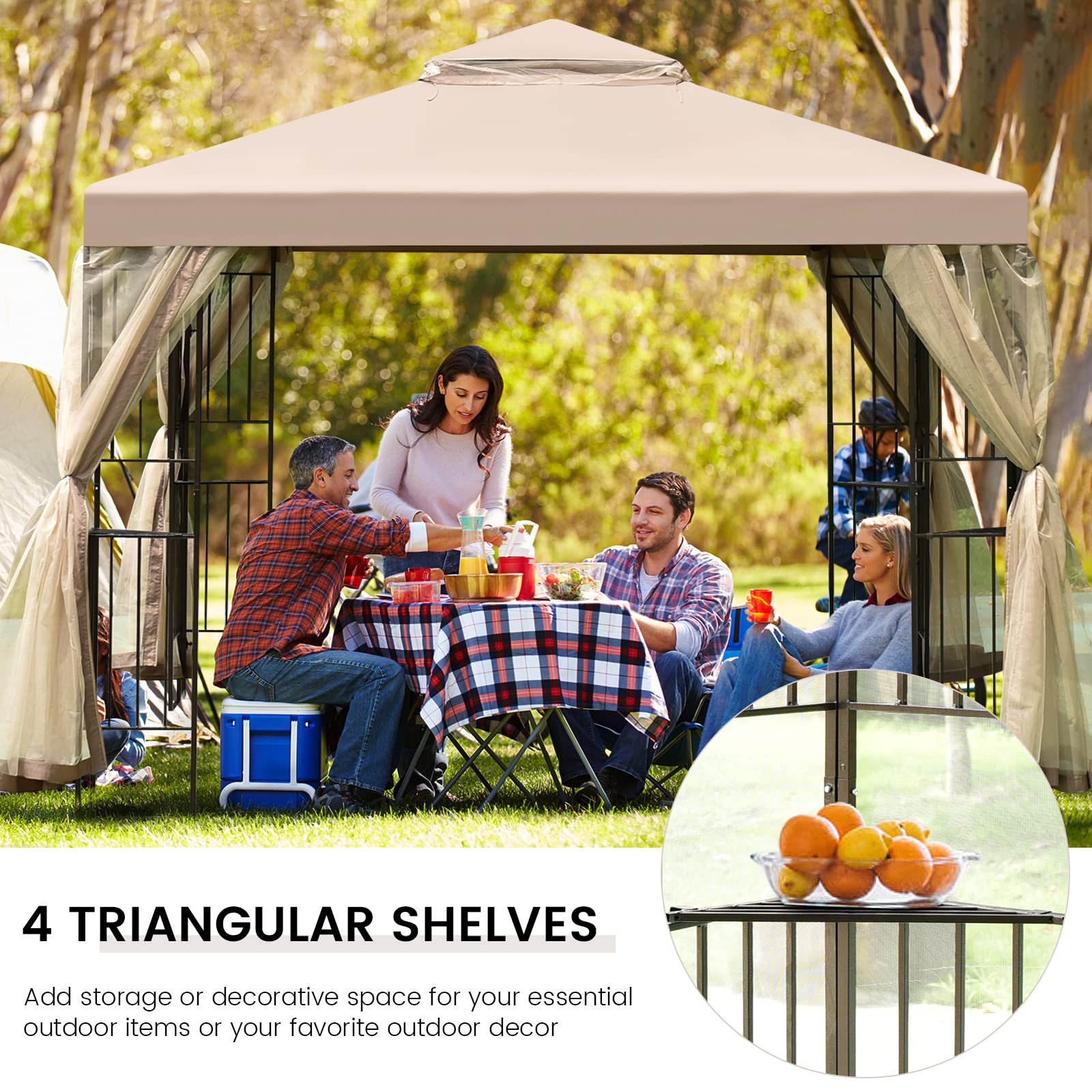 【Gazebo】10x10 Feet Patio Gazebo, Outdoor Gazebo Canopy Shelter w/ Netting