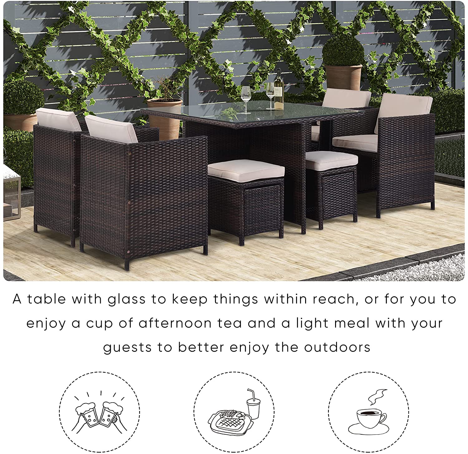 【Home&Garden】9 Pieces Patio Dining Sets Outdoor Space Saving Rattan Chairs with Glass Table