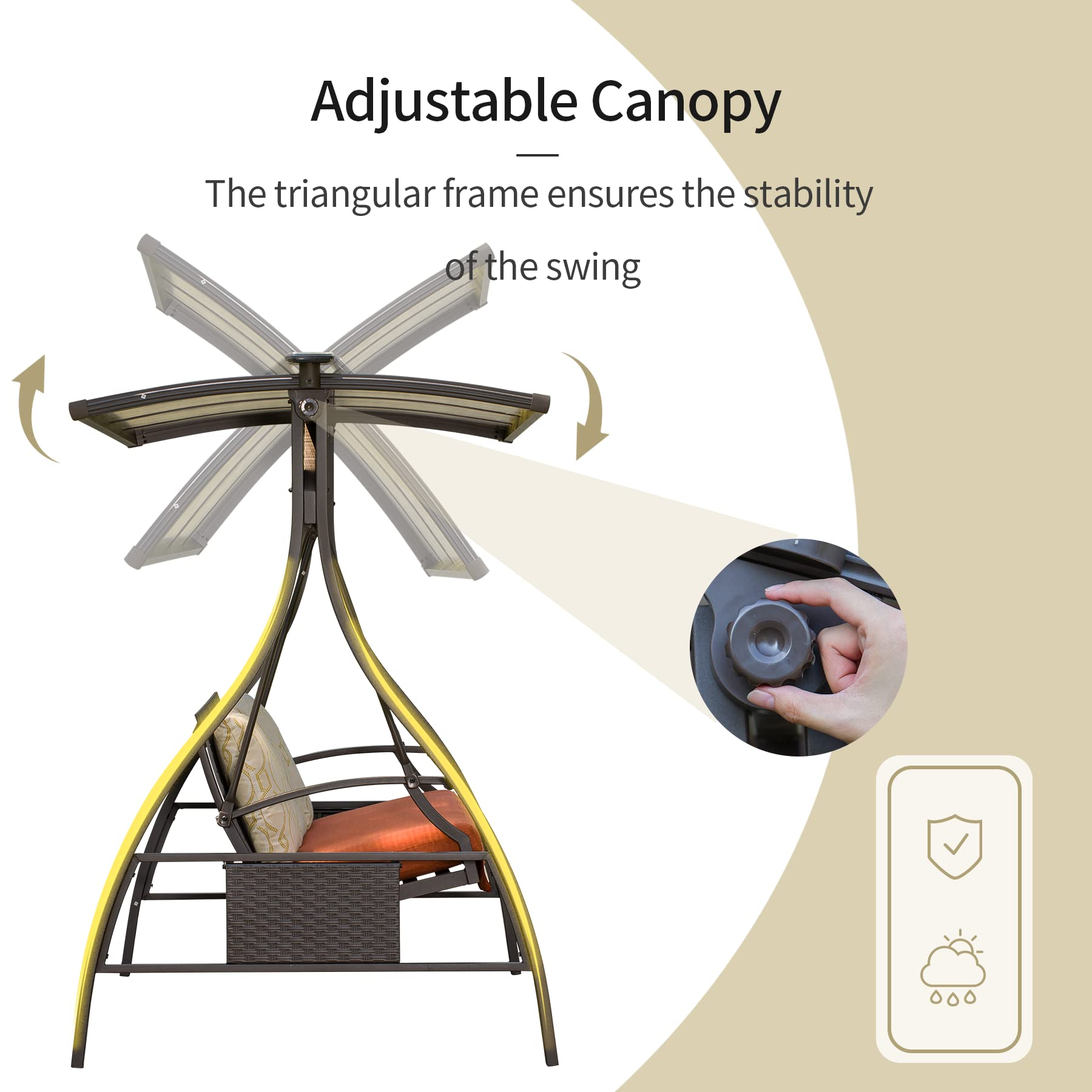 【Home&Garden】Patio Porch Swing 3 Person Adjustable Canopy Deluxe Hammock Swing Glider