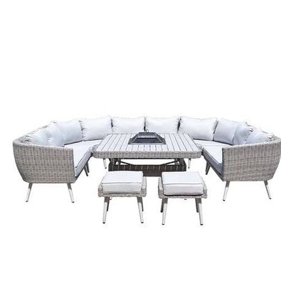 Weave Garden Furniture Danielle Grey Rattan U Shaped Corner Sofa Dining Set with FireDrinks Pit.