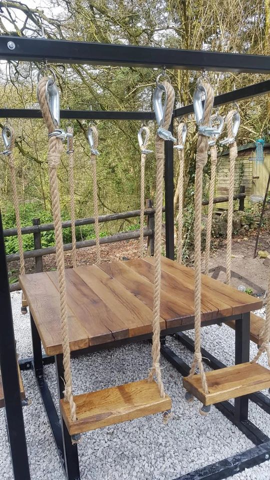 8 Seater Solid Oak & Steel Hand Made Swing Table