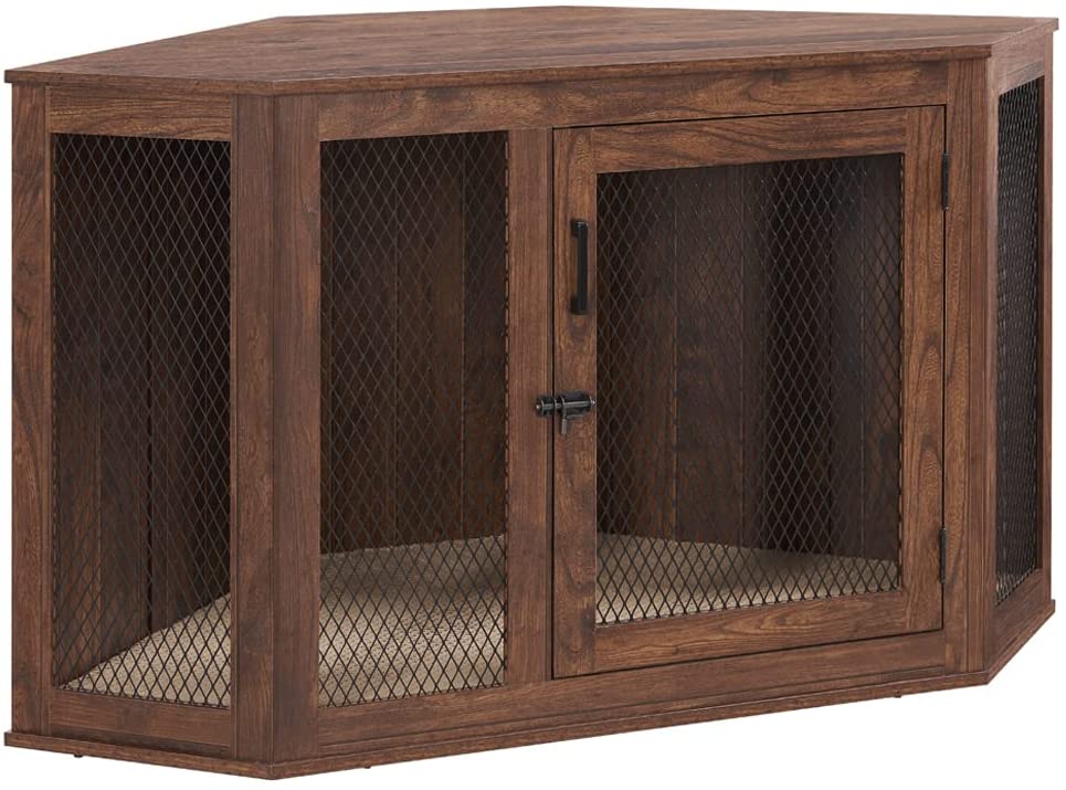 【Pet】Furniture Corner Dog Crate with Cushion, Dog Kennel with Wood and Mesh, Dog House