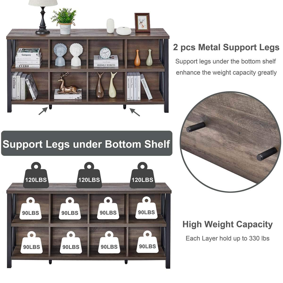 【Furniture】8 Cube Storage Organizer Bookshelf, Rustic Wood Cubby Bookcase, Industrial Horizontal Long Shelf