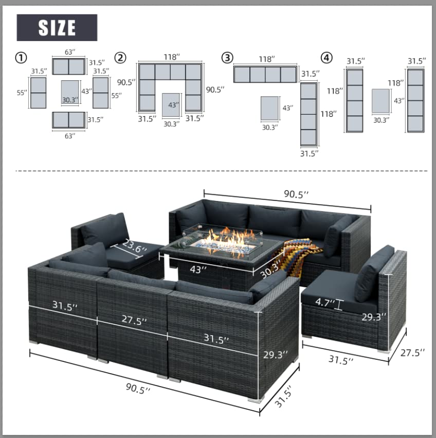 【Home&Garden】Large Size High Back PE Rattan Patio Furniture Sectional Sofa Sets with Fire Pit Table
