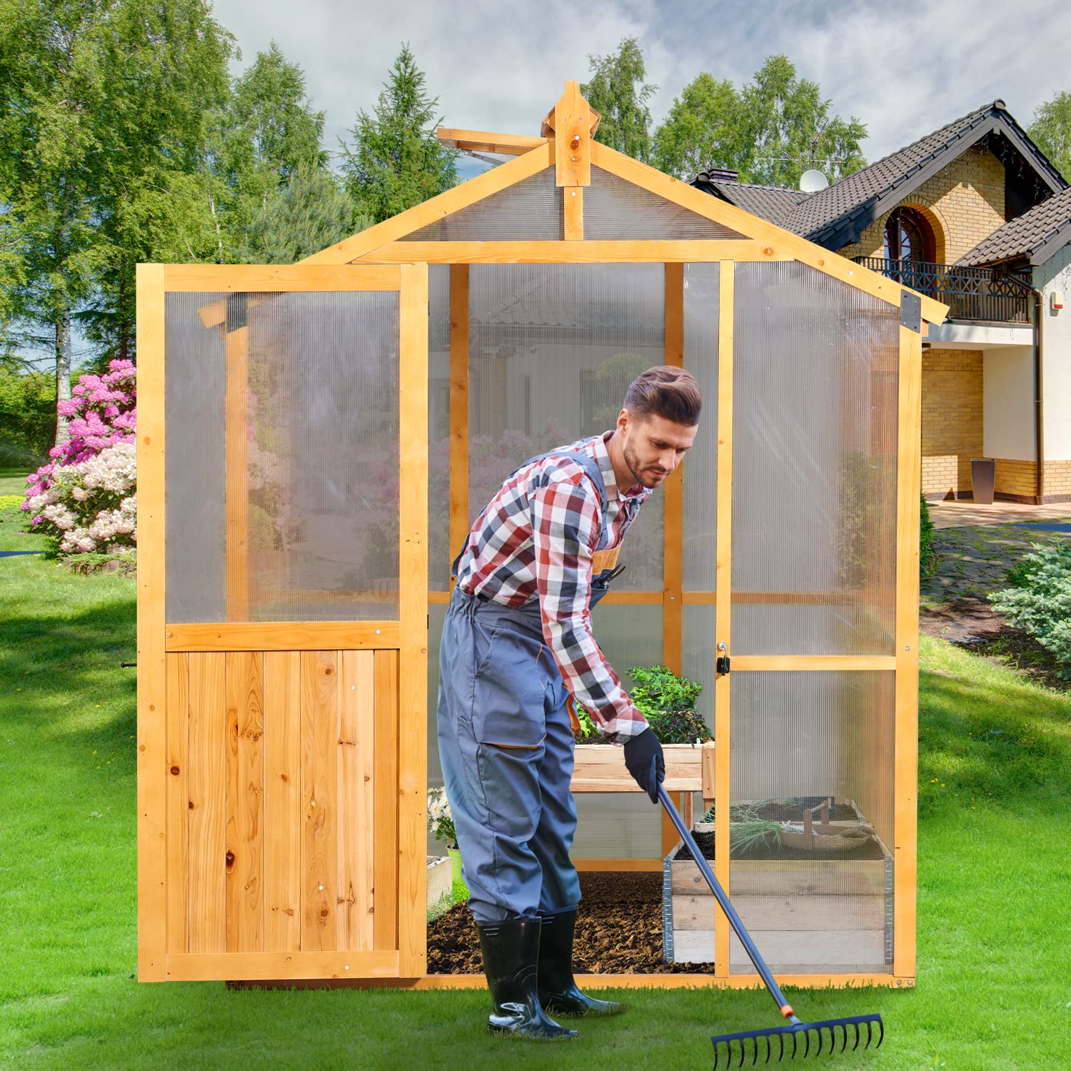 【Home&Garden】Outdoor Walk-in Greenhouse, Plant Gardening Polycarbonate Green House with Roof Vent