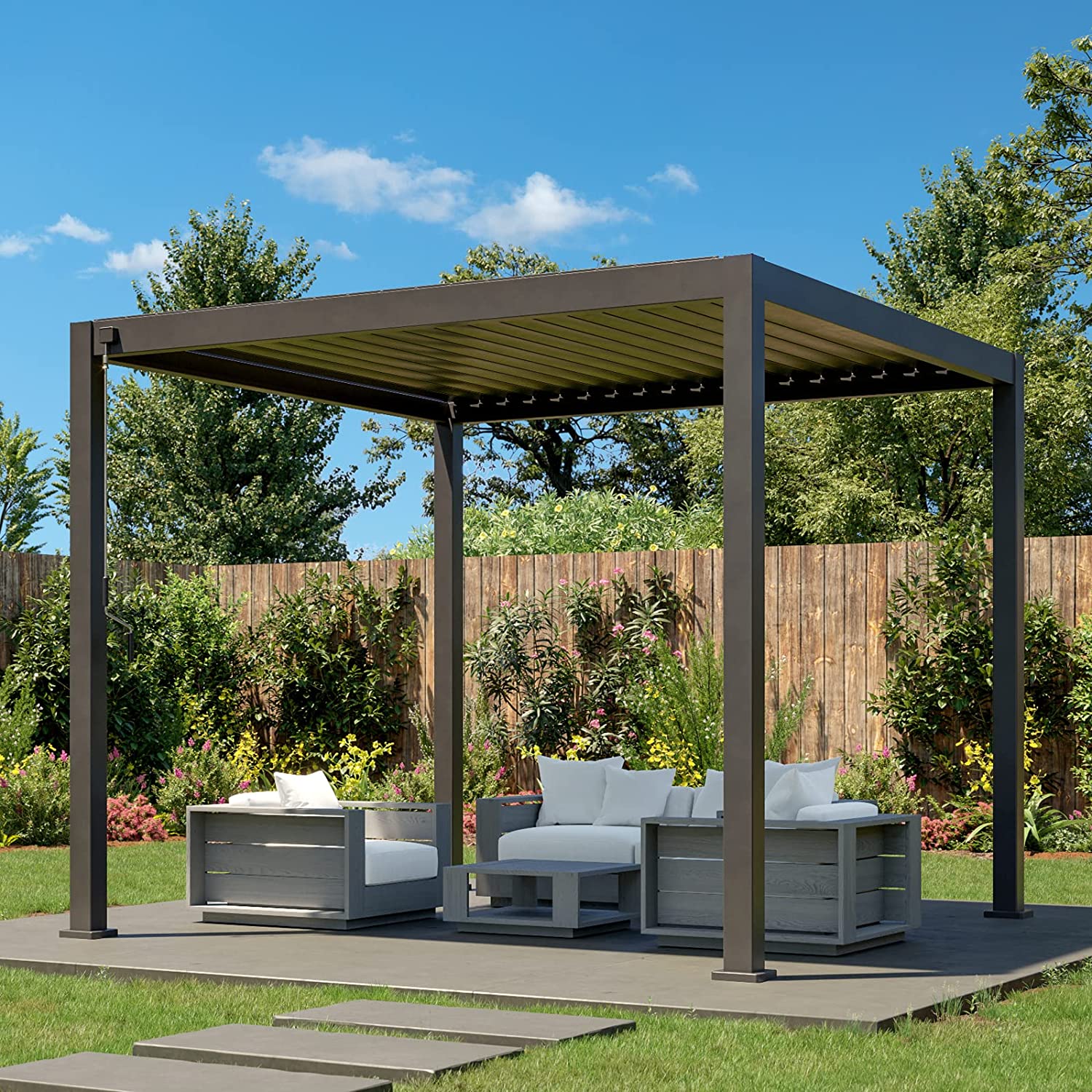 【Home&Garden】10'x10' Sun Shade Aluminum Pergola Rainproof Gazebo with Adjustable Roof