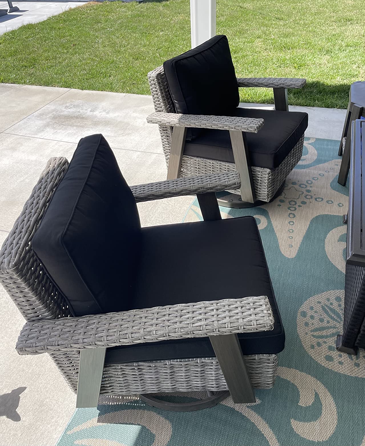 【Furniture】Outdoor Swivel Rocker Patio Chairs Sets of 2 and Matching Side Table - 3 Piece Wicker Patio Bistro Set