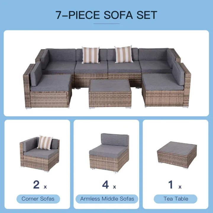 【Furniture】Outsunny 7 Piece Terrace Rattan Sofa Set All Weather Conversation Garden Wicker Combination Set with Coffee Table and Cushions