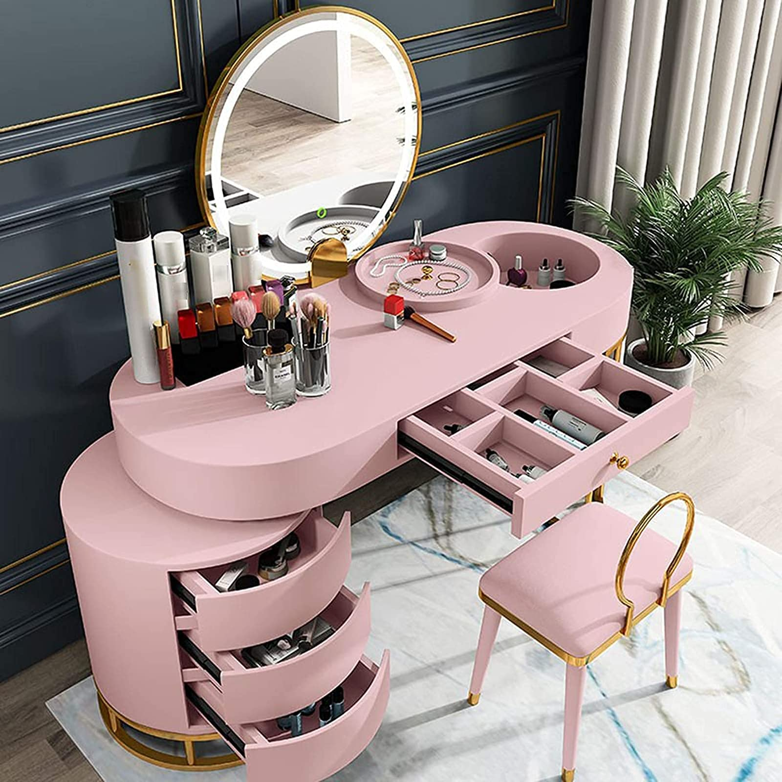 【Furniture】Dressing Table Set Vanity Desk Makeup Table with LED Lights Adjustable Brightness Mirror