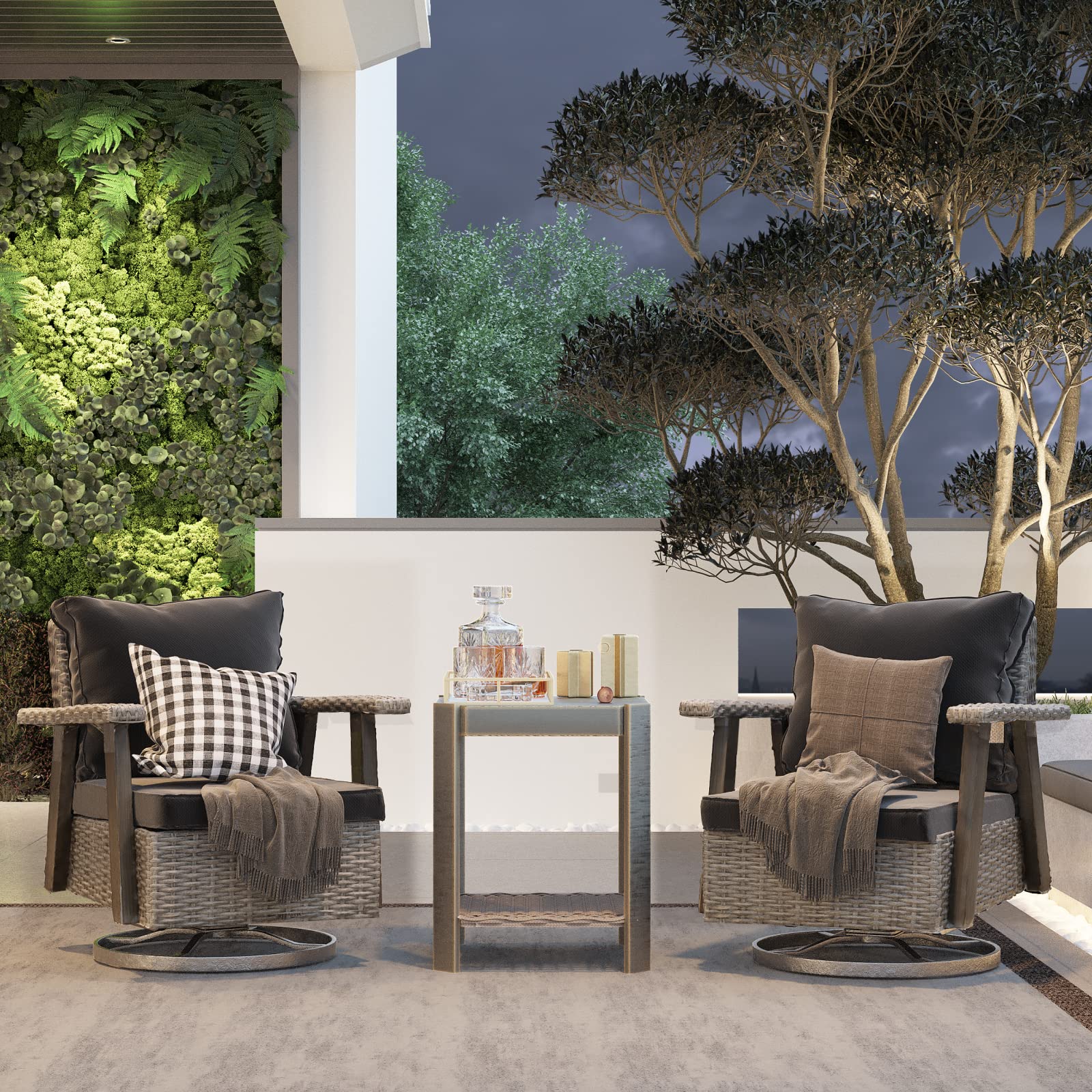 【Furniture】Outdoor Swivel Rocker Patio Chairs Sets of 2 and Matching Side Table - 3 Piece Wicker Patio Bistro Set