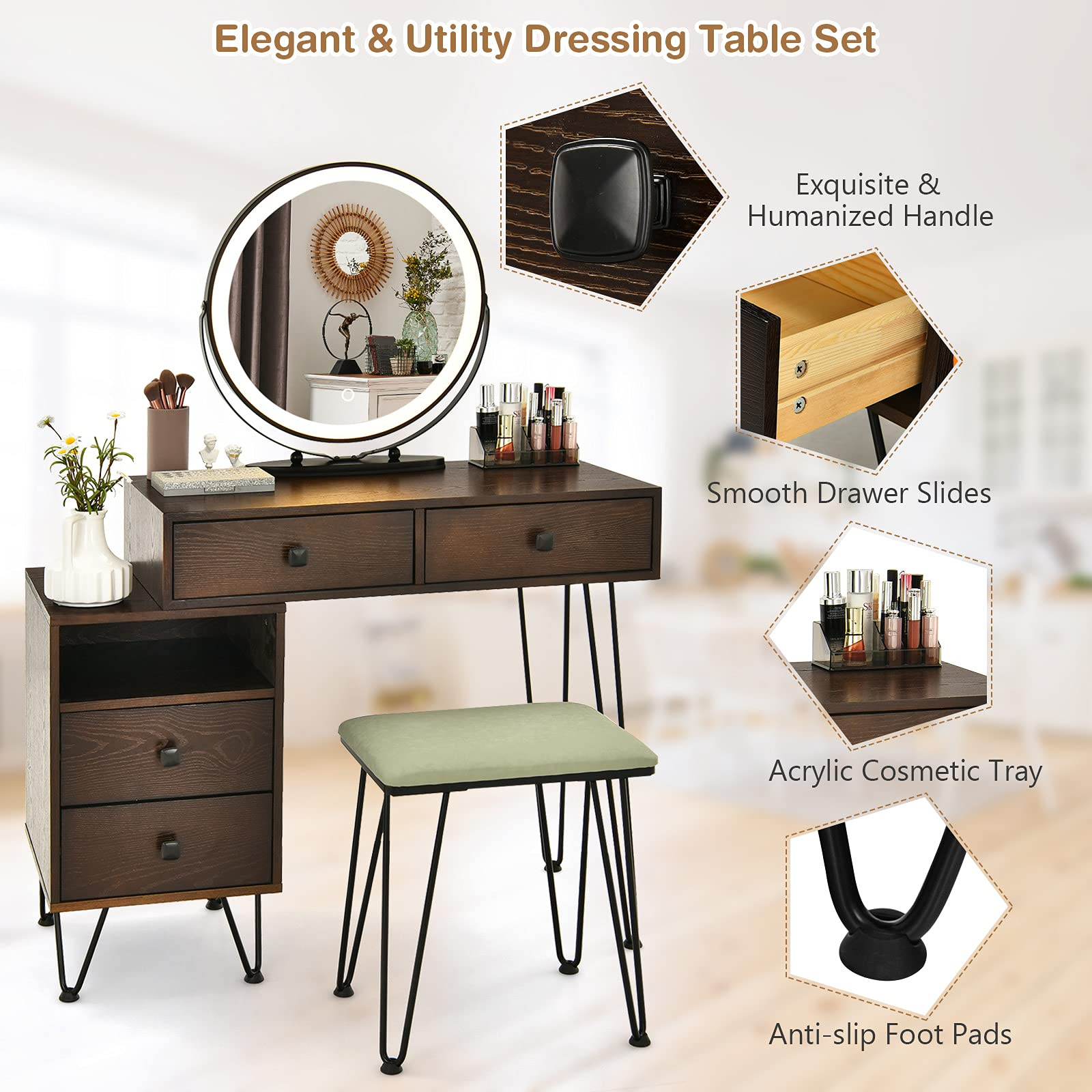 【Furniture】Vanity Set with 3 Colors Lighted Mirror