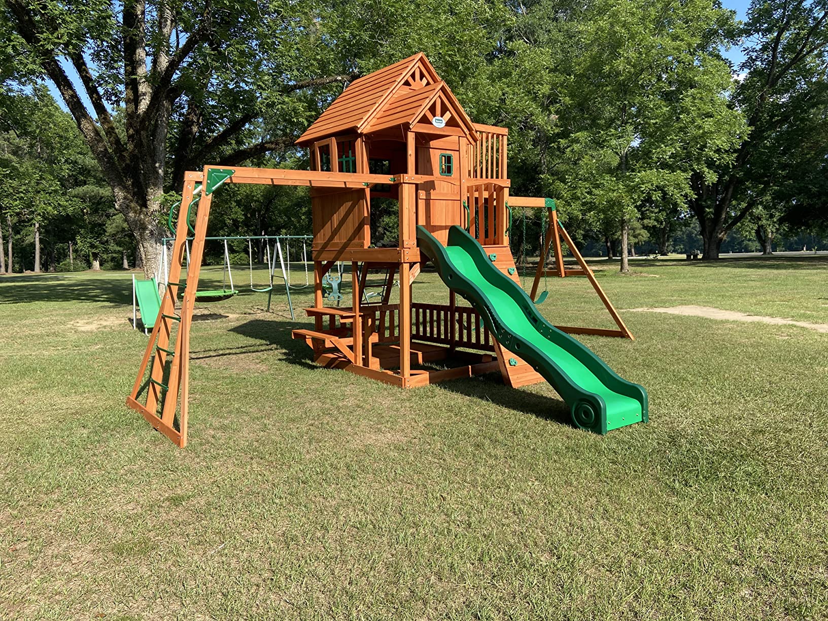【Baby&Kids】Skyfort II Playground Cedar Wood Swing Set with Playhouse Fort, Sandbox, Picnic Table, Slide