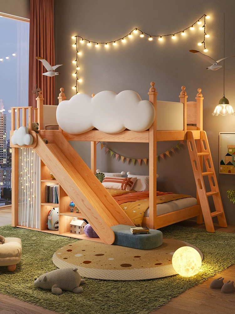 2024 New Children's Double-Decker Solid Wood Bed Castle Clouds in the Sky Upper and Lower Bunk Bed with Slide